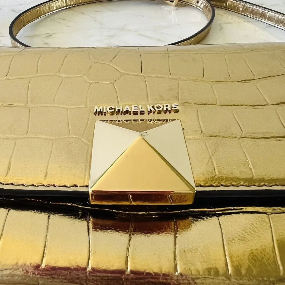 MICHAEL KORS Karla Gold Embossed Leather Clutch Chain Crossbody Bag